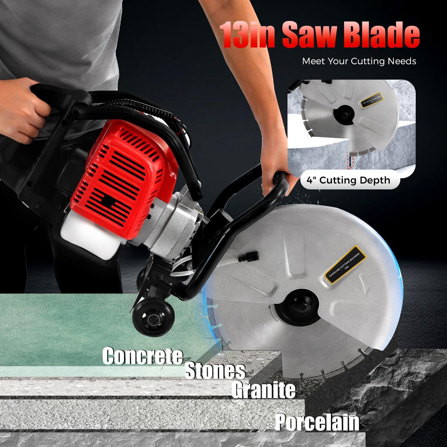 16In Gas Concrete Saw,1400w Concrete Gas Powered Cut-Off Saw with Blade and Directional Wheel, 2-Stroke 52cc Engine Cement Masonry Wet Dry Machine,4" Cut Depth,Motor Circular Cutter For Stone, Brick