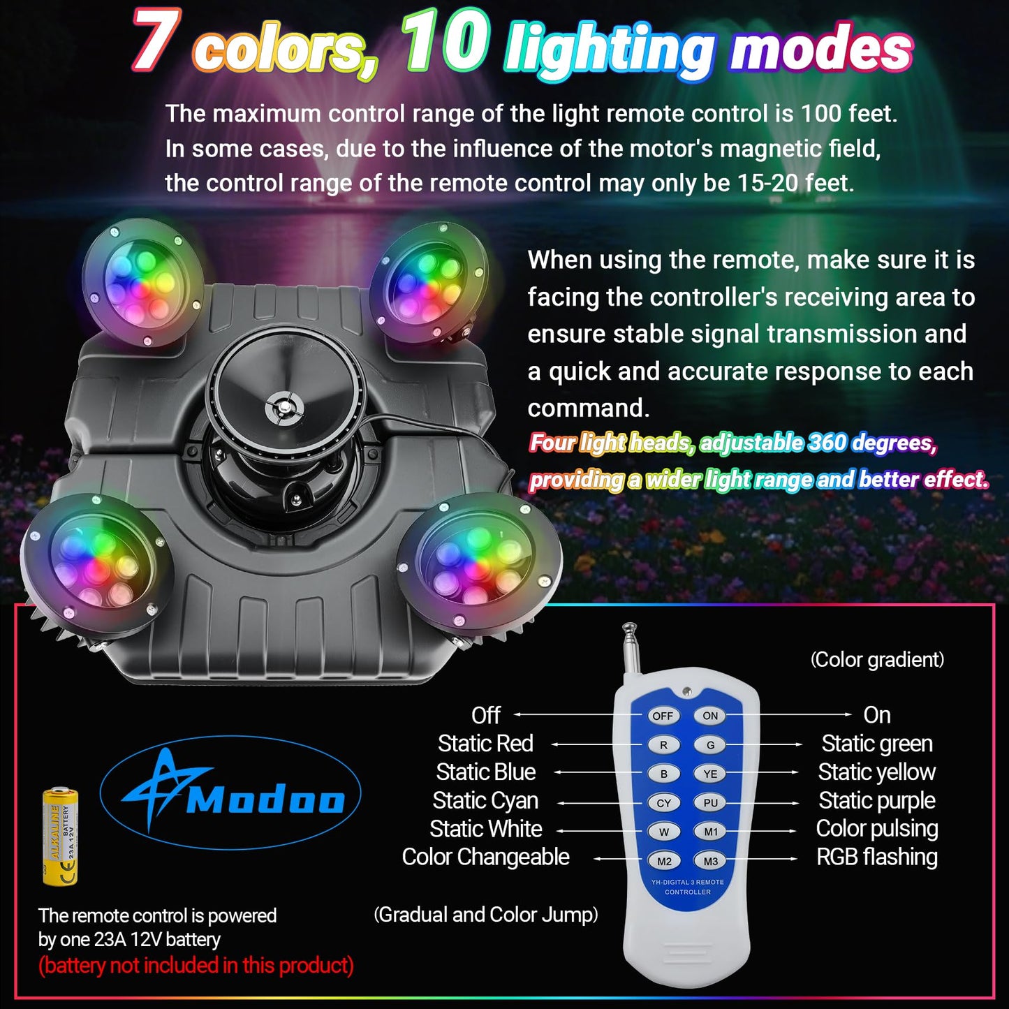 Pond Fountain Aerator with Lights Dynamic RGB Light 1HP 750W Floating Fountain for Pond Lake, 110V 15000 GPH Fully Automatic Stainless Steel Fountain Pump 100Ft Cord with 4 LED Lights and Nail, Rope