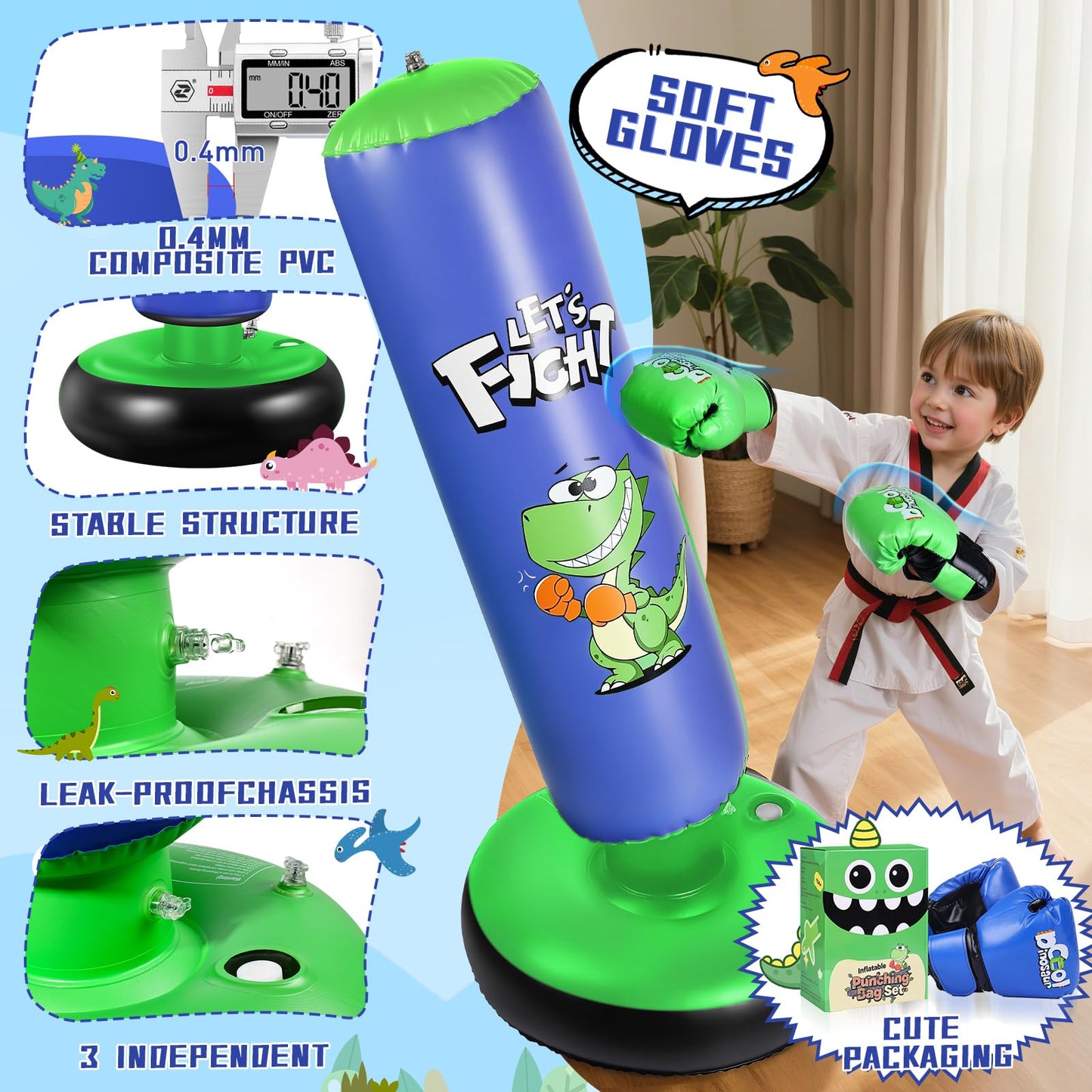 Inflatable Punching Bag, 48" Inflatable Boxing Bag for Kids with Boxing Gloves for 3-8 Kids, Stable Boxing Set for Practicing Karate, Taekwondo,Dinosaur Toy & Gifts for Boys (Blue)