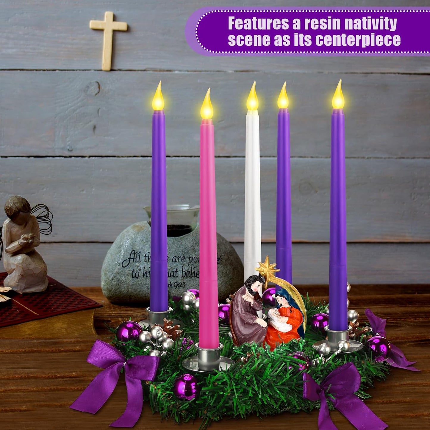 Tioncy 12-Inch Christmas Advent Wreath - Flameless Candle Holder with Remote Control & Berries Decor