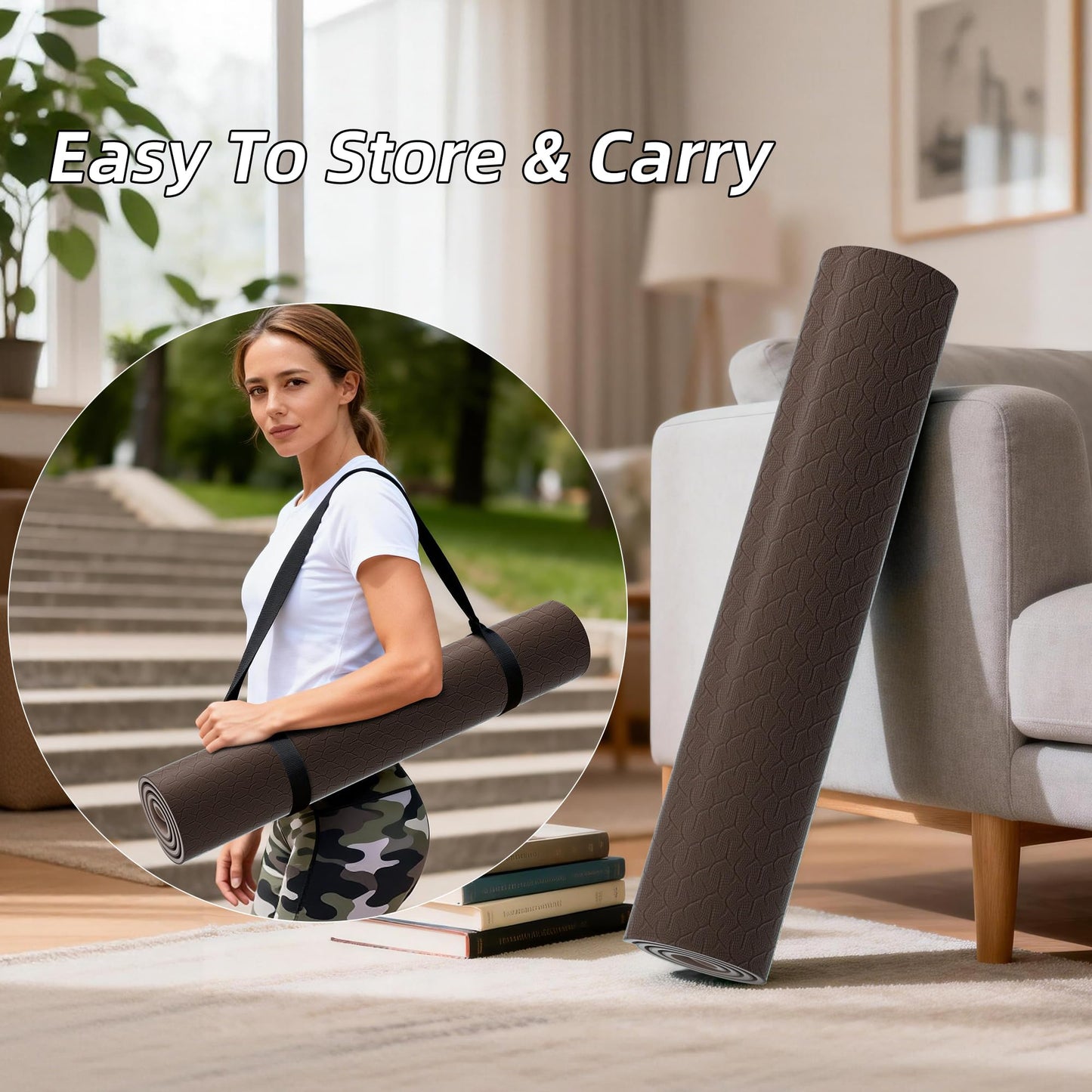 HAHE Extra Thick Yoga Mat, 72"Lx32"Wx0.4"Th (10mm), Wide Non-slip Exercise Mats with Carry Strap, Double-Sided POE Fitness Mat for Yoga, Pilates & Floor Workouts (Dark Brown+Beige)
