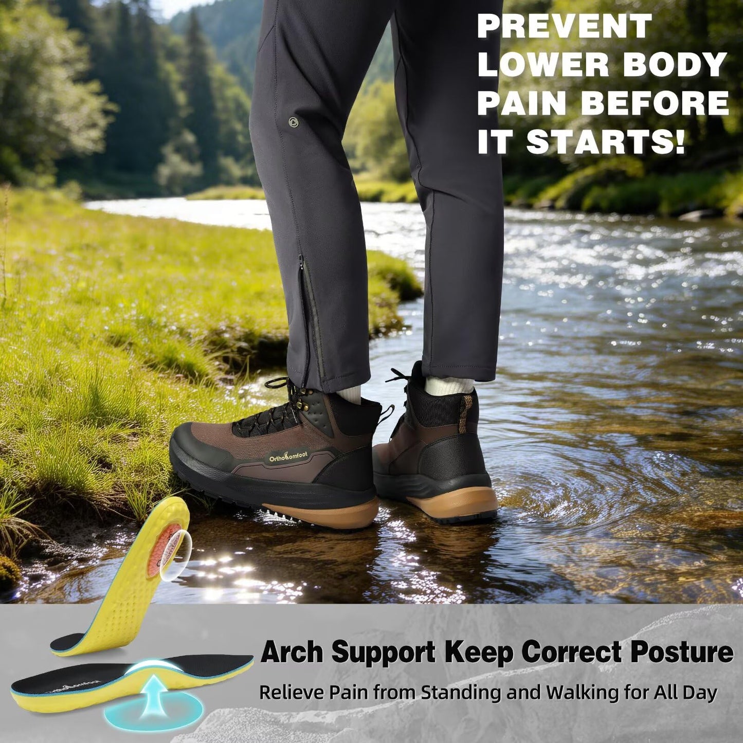Men's Orthopedic Wide Mid Hiking Boots: Comfortable Plantar Fasciitis Orthotic Arch Support Bunions Recovery Trail Sneakers, Leisure Slip Resistant Stylish Standing Walking Shoes Brown Size 11