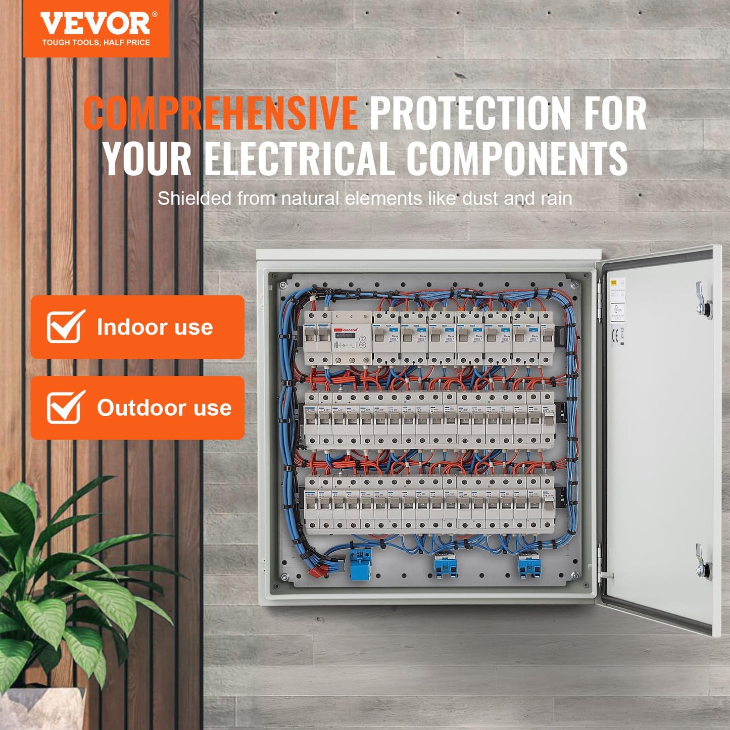 VEVOR Electrical Enclosure, 24'' x 24'' x 8'', NEMA 4 Outdoor Enclosure, IP65 Waterproof & Dustproof Cold-Rolled Carbon Steel Hinged Junction Box for Outdoor Indoor Use, with Rain Hood