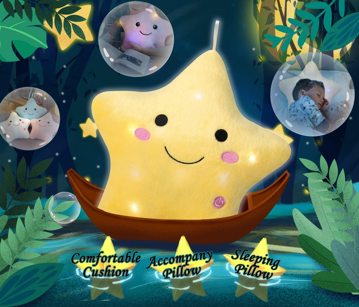 DearSun 13.8" Light Up Twinkle Star Pillow, LED Star Plush Pillow with Colorful Night Lights, Soft Glowing Stuffed Star Toy Cute Throw Pillow for Kids, Birthday Gift, Bedroom, Nursery(Yellow)