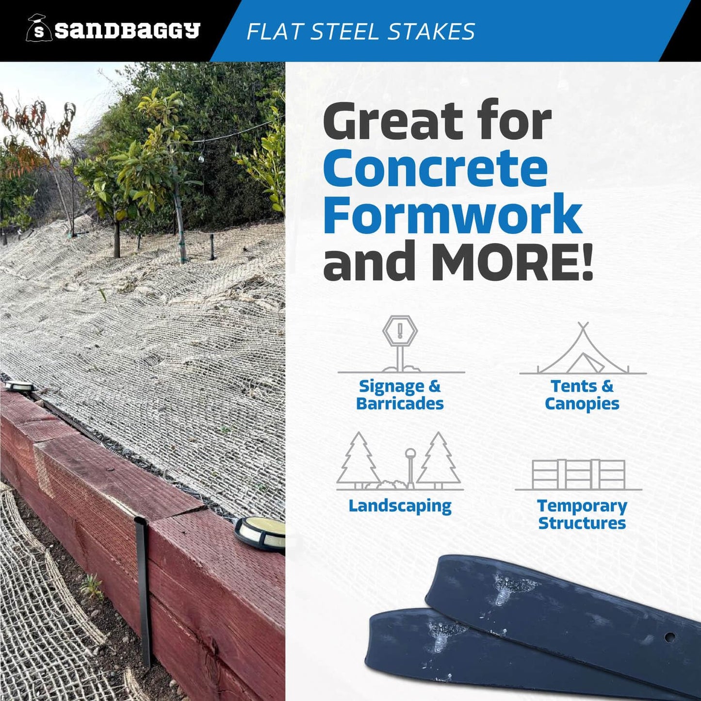 Sandbaggy 12" Flat Steel Stakes for Concrete Forms with Nail Holes - 1.5" Wide - Painted - Removable, Reusable, V Point End - Construction Grade Stakes (50, 12 inch)