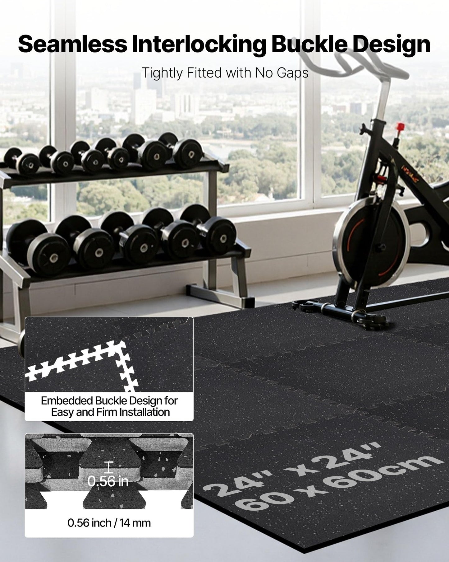 VEVOR 0.56Inch 96sq.ft 24 Tiles Gym Flooring for Home Gym, Rubber Top with High Density EVA Foam, 24 x 24In Gym Floor Exercise Equipment Mats, Interlocking Gym Mats, Puzzle Workout Mats, Black & Gray