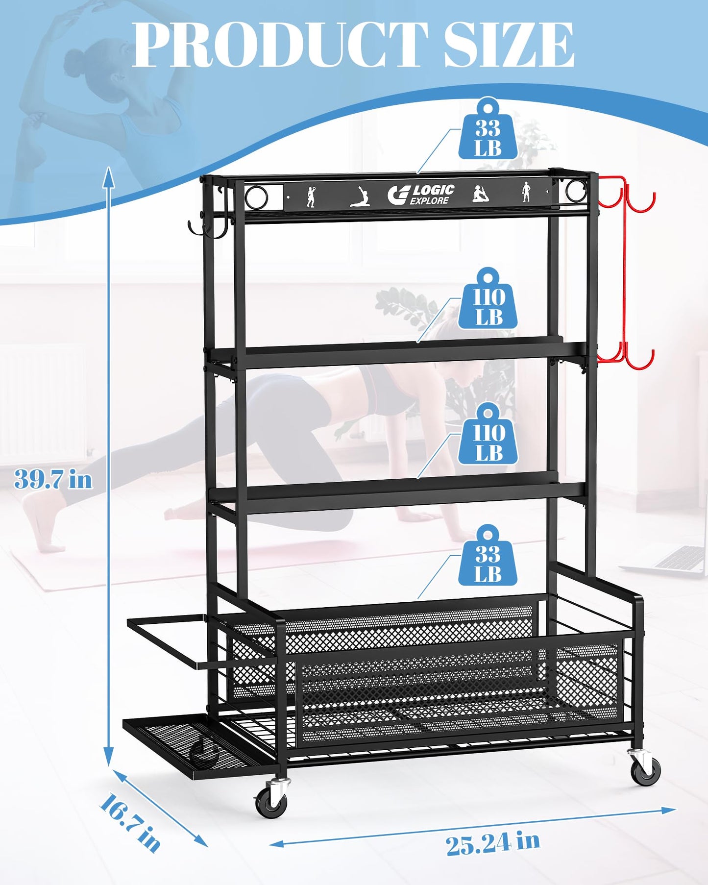 Logicexplore Dumbbell Rack Weight Storage Stand, Adjustable Weight Rack with Wheels, Metal Workout Equipment Storage Organizer, Home Gym Storage Organizer for Dumbbells, Kettlebells, Yoga Mat, Foam Roller