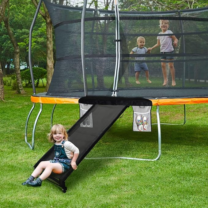 Eurmax USA Universal Easy-to-Assemble Trampoline Slide Ladder, Heavy Duty Steel Trampoline Accessory Slide for Kids Climb Up&Slide Down/Black with Shoes Pocket