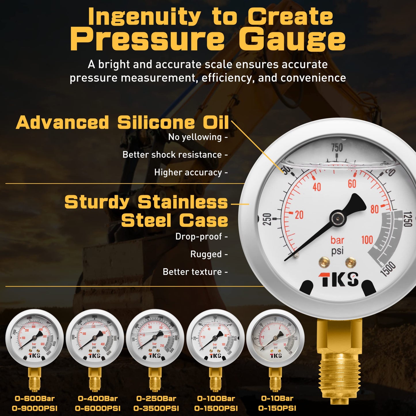 YFIXTOOL Hydraulic Pressure Test Kit with 5 Gauges (150/1500/3500/6000/9000 PSI) & 14 Tee Connectors, Hydraulic Pressure Gauge Set with 5 Test Hoses & 13 Couplings for Excavators.