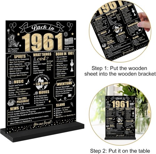 Back In 1961 65th Birthday Decorations - Two-Sided Wooden Table Sign with Stand | Black & Gold Party Decor