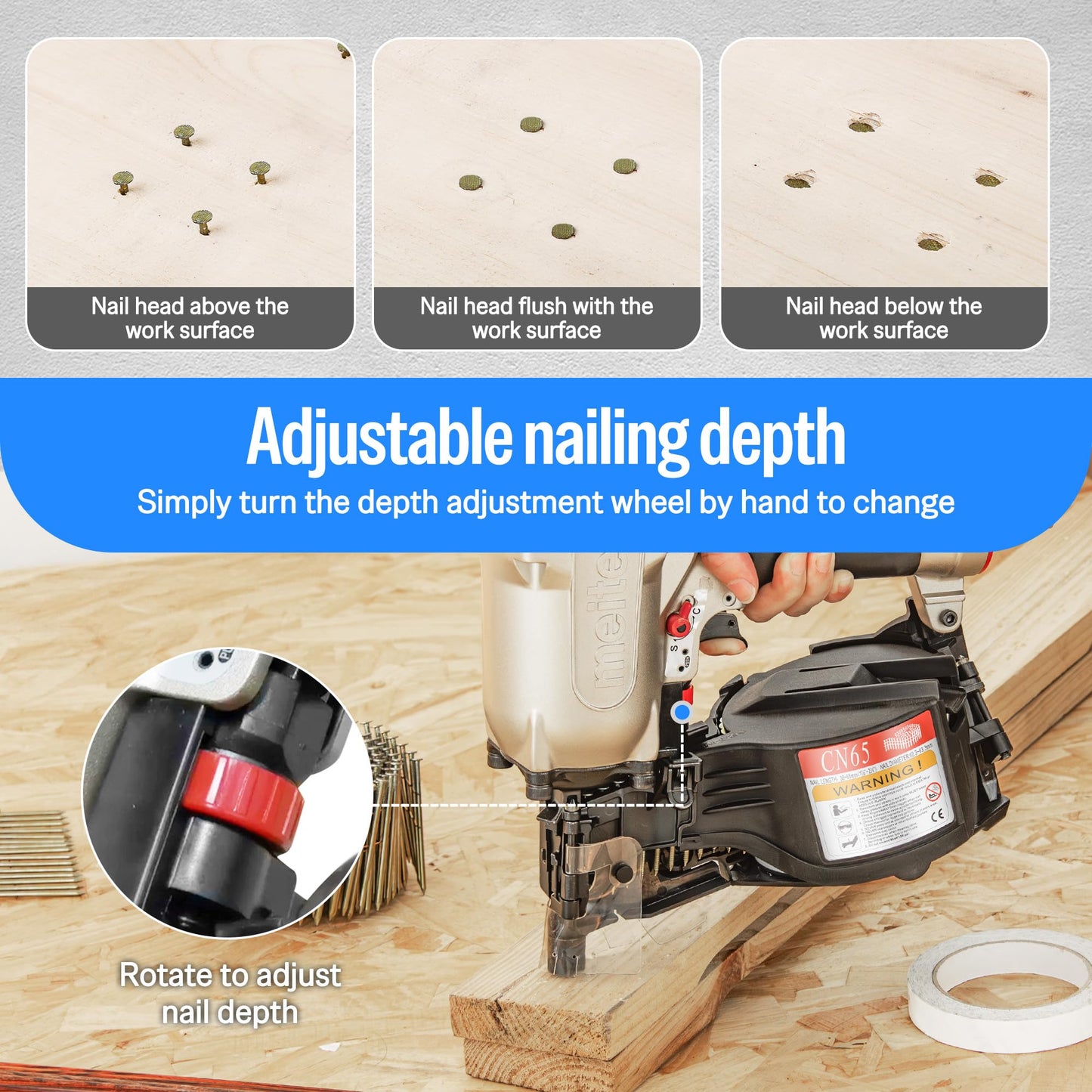 meite CN65 Siding Nailer 15 Degree Coil Siding Nailer Gun for Heavy-Duty Fencing Decking Sheathing, Pneumatic Siding Nail Gun with Tool-Free Depth Adjustment, Drives 1-1/2" to 2-1/2" Coil Siding Nails