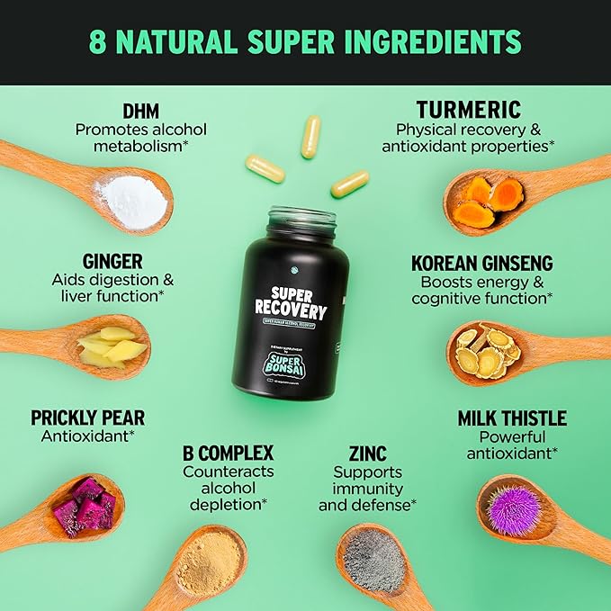 SuperBonsai Super Recovery Capsules for Post Celebration and Morning Relief - All Natural Holistic Support - 3 Capsules Taken Before Drinking and an Optional Serving After (42 Servings)