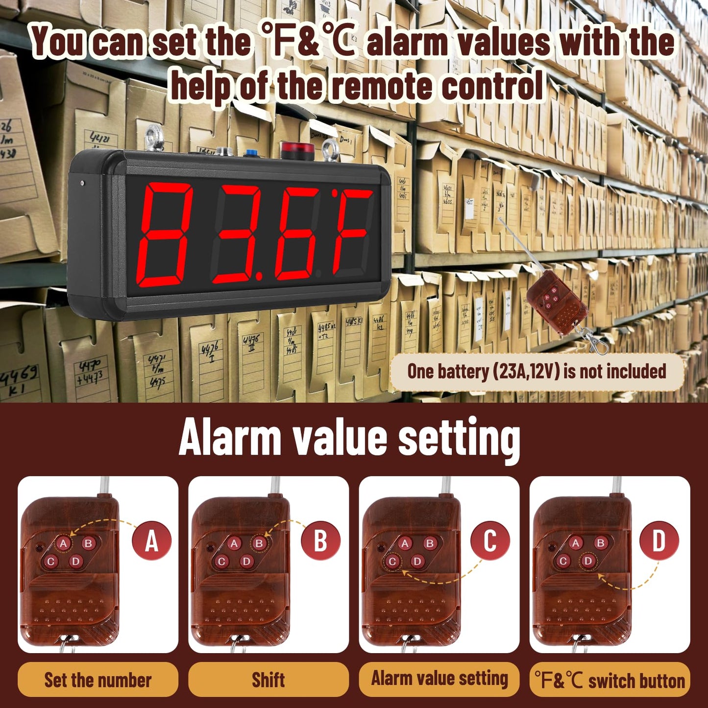 JIAWANSHUN 4" Large LED Industrial Temperature Display, -58℉-212℉ ±0.9℉, ℃/℉ Adjustable Thermometer with Flashing Alert & Independent Switch, for Lab, Aquarium & Freezer