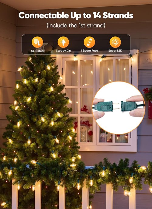Minetom C9 LED Christmas Lights - 50 Feet Warm White String Lights for Indoor/Outdoor Holiday Decor