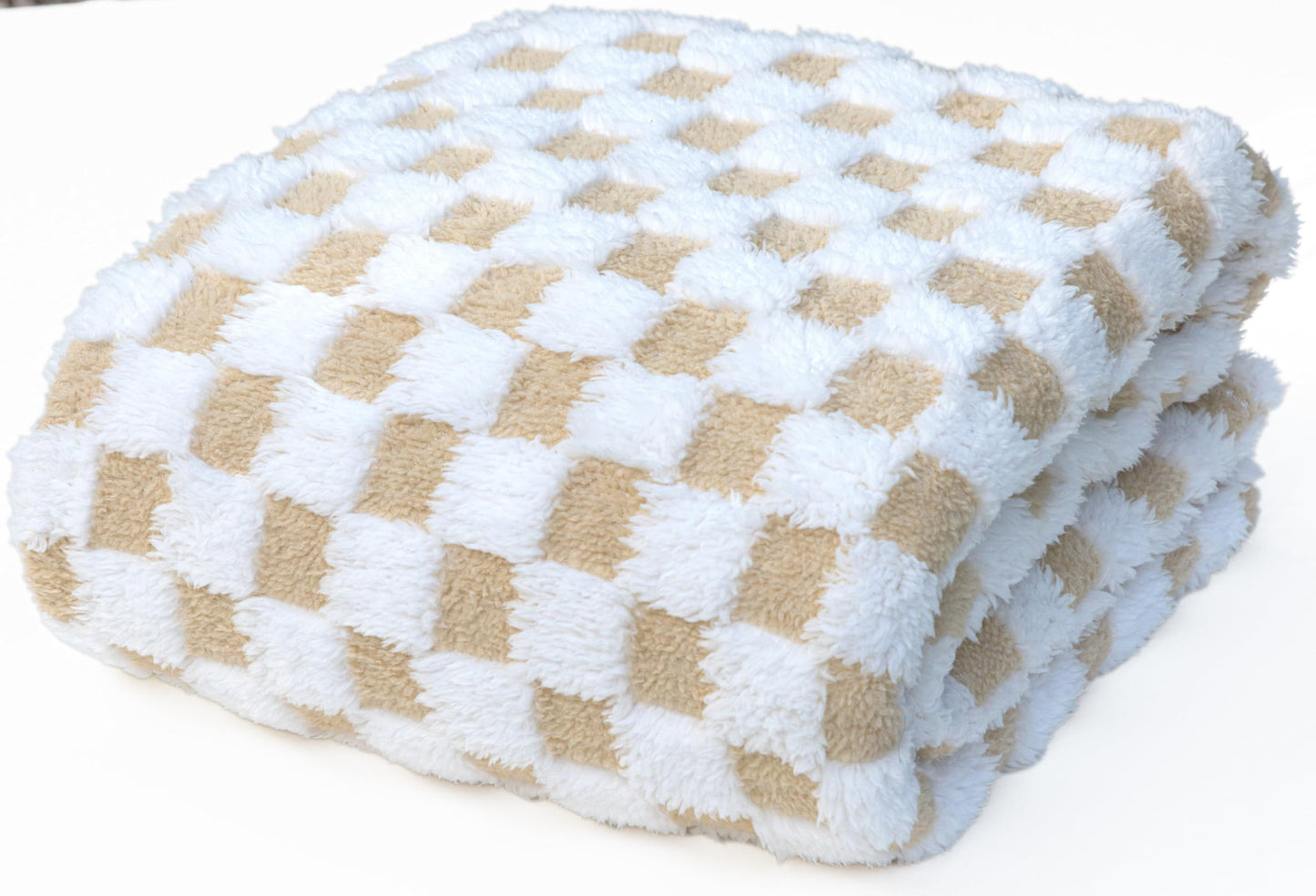 Beige & White Fuzzy Fuzzy Fun 3D Checkered Throw Blanket – Ultra Soft Shaggy Fleece for Cozy Comfort. Beautiful Gift for Women with Style 50 x 65 inches.