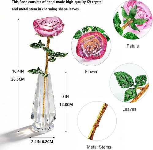 HDCRYSTALGIFTS 10'' Pink Crystal Rose Figurine - Elegant Glass Flower Gift for Mom | Perfect for Mother's Day, Valentine's Day & Anniversaries