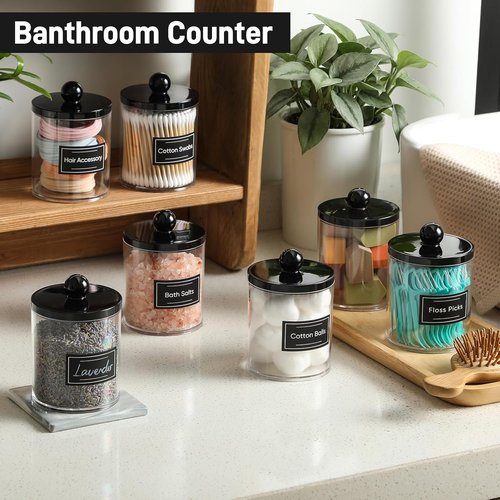 8 Pack Acrylic Qtip Holder Dispenser | Clear & Black Cotton Swab Storage Canisters for Bathroom Decor