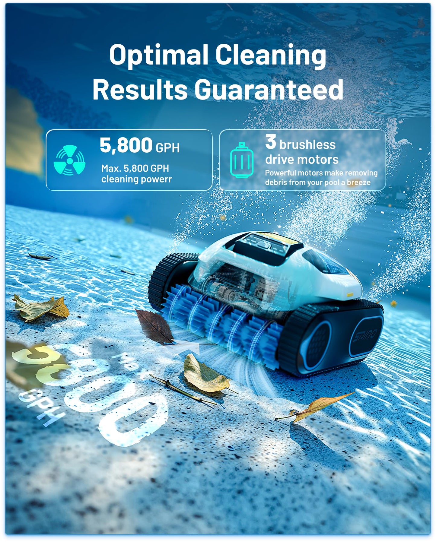 (2026 Upgrade) Spino E1 Cordless Robotic Pool Cleaner, Pool Robot for Wall & Waterline Cleaning, Smart Arc Path for Pools up to 1,600 Sq.ft, Up to 210 Mins Runtime, with 5 Modes, APP Control