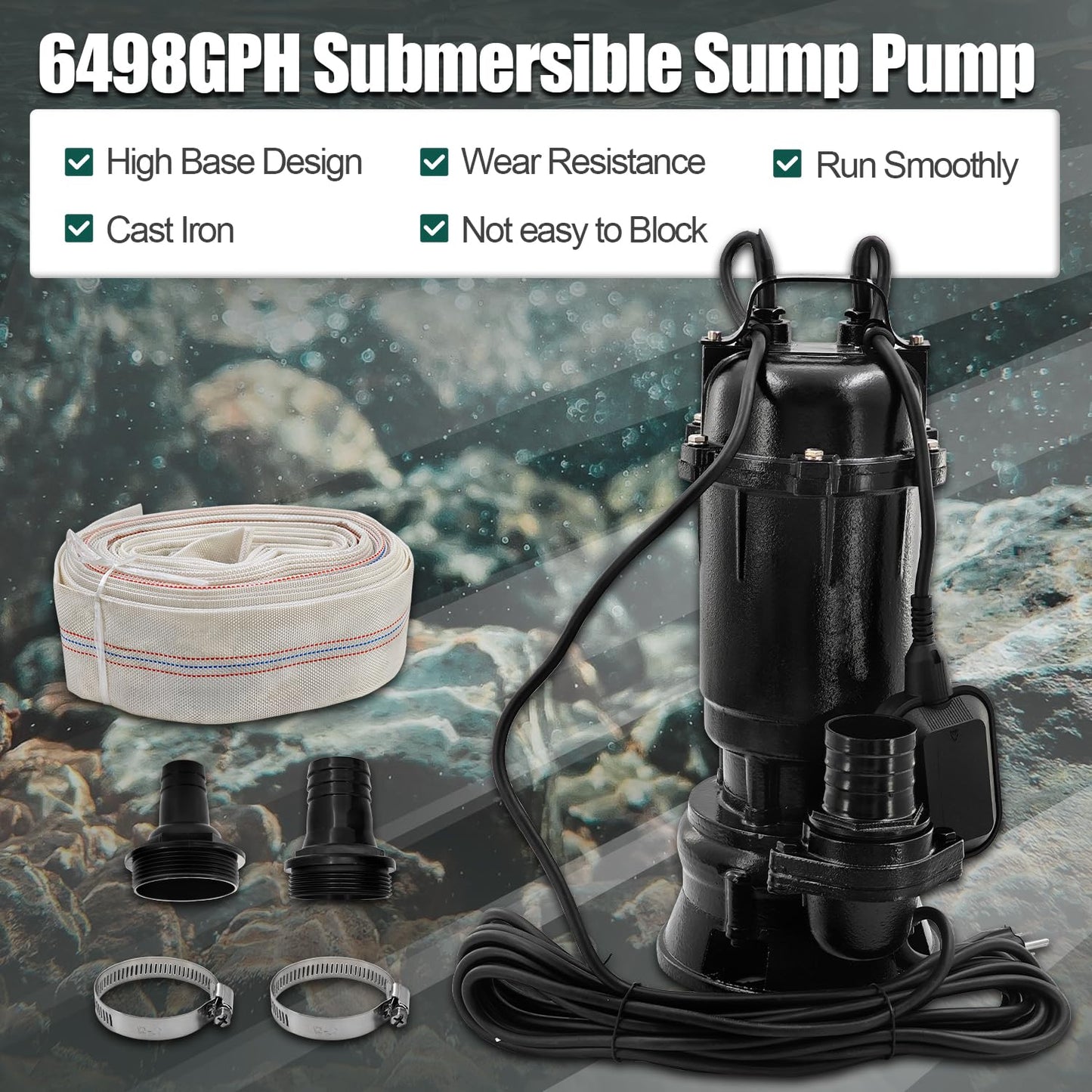 Dewinston 2HP 220V Submersible Sump Pump, 6498GPH Cast Iron Sewage/Effluent Pump 1500w with Automatic Float Switch and 66ft Hose for Sump Basin, Basement, Residential Sewage, 2'' NPT Discharge
