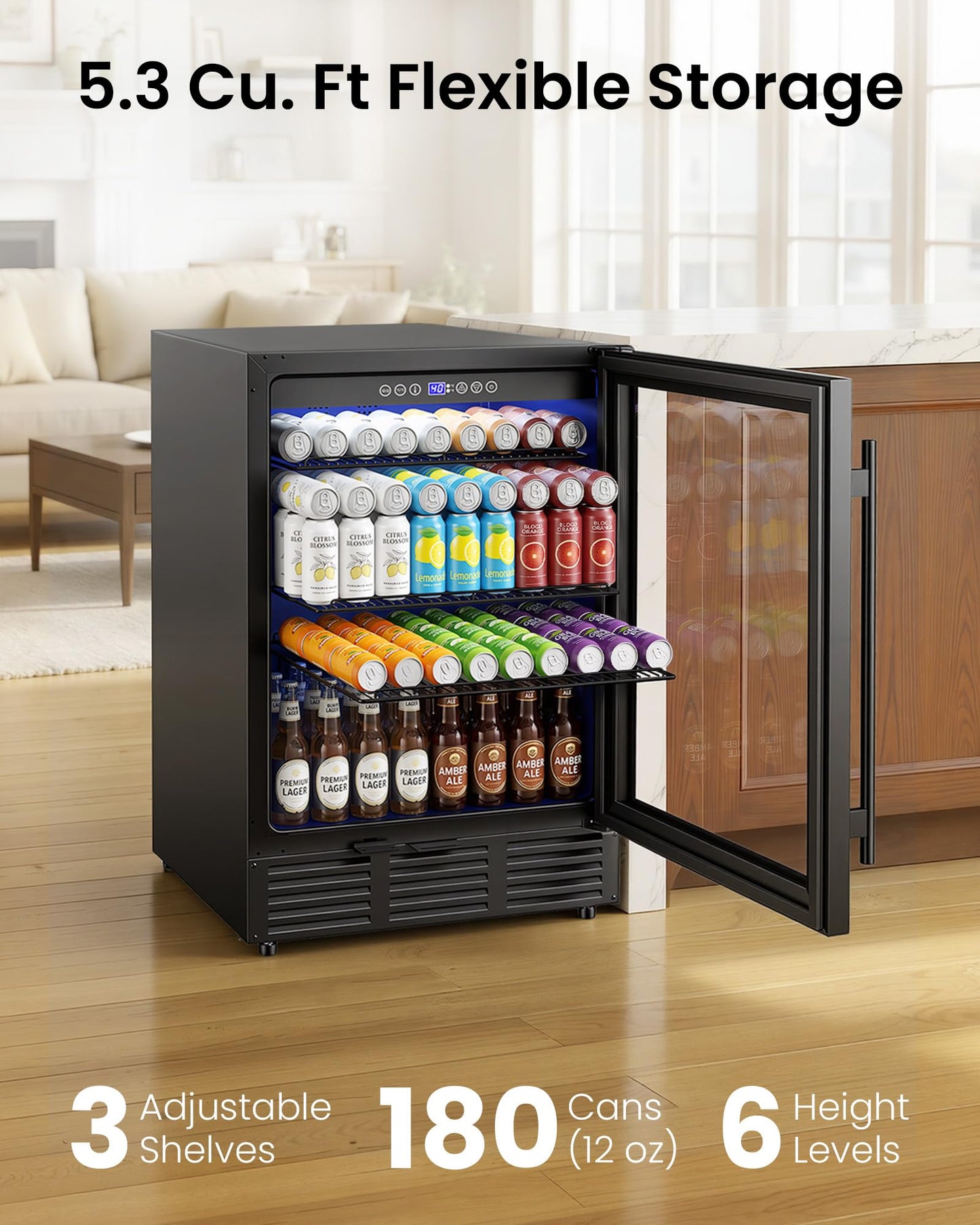 ICEVIVAL 24 Inch Beverage Refrigerator, 180 Cans Beverage Refrigerator with Glass Door, LED Light, Under Counter Refrigerator for Soda, Water, Wine, Drink Fridge for Home, Bar or Office