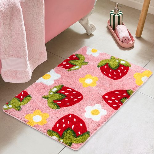 Homantic Pink Bathroom Rugs Strawberry Rug Cute Bath Mat, Girly Accessories Flower Bathmat Decor for Sink Bathtub Shower 18"x26"