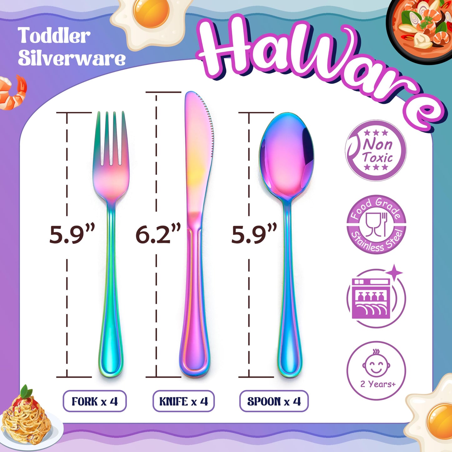 HaWare 12-Piece Kids Silverware, Stainless Steel Toddler Utensils Flatware Set, Preschooler Eating Utensils Includes 4 Spoons 4 Forks 4 Knives, Metal Children Cutlery for Home School, Mirror Finished