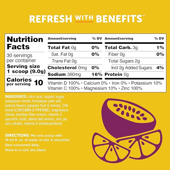 ZYN Electrolyte Hydration Drink Mix (30 Servings), Passionfruit Lemonade Electrolytes Powder, Hydrating Formula w/Turmeric Curcumin, Vitamin C & D, Zinc, Electrolyte Support Drink Mix