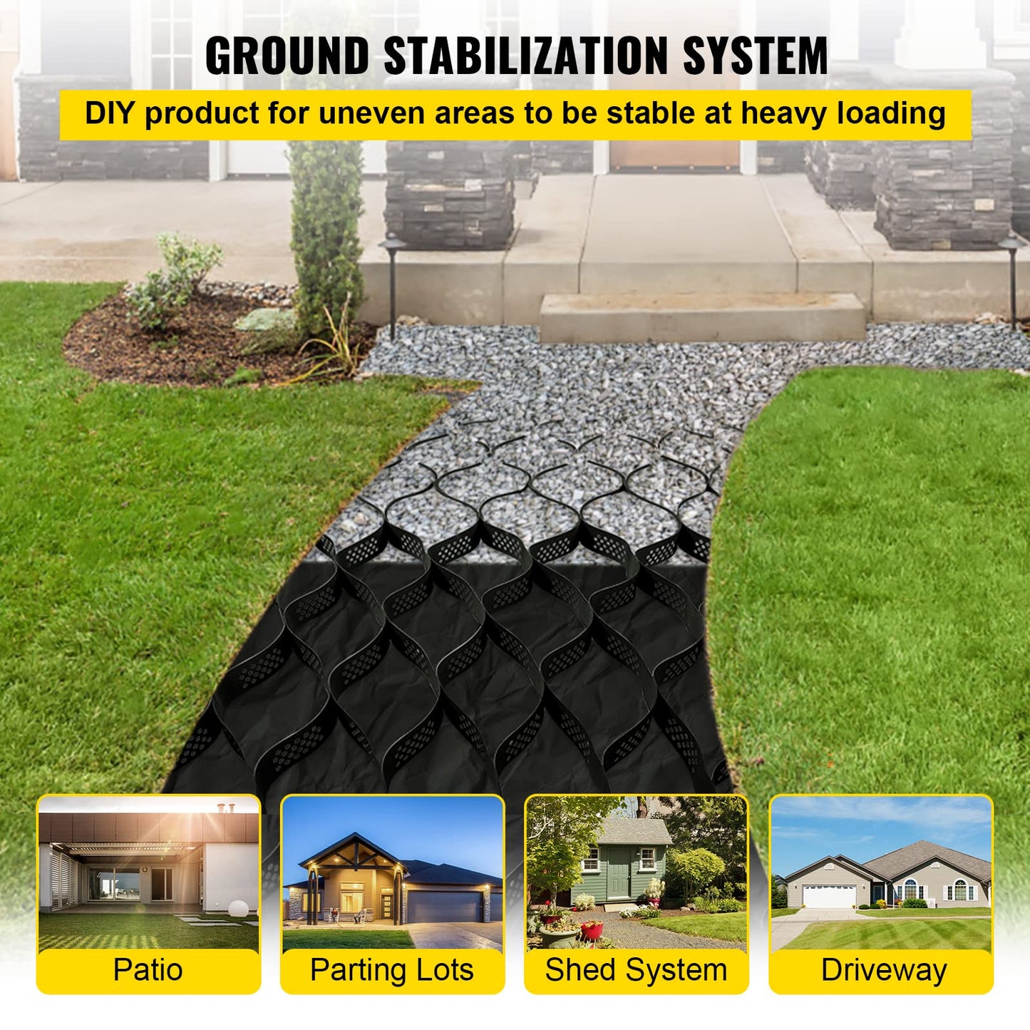 VEVOR Ground Grid 25 ft x 9.5 ft, 1885 lbs per Sq Ft Load Geo Grid, 3" Depth Permeable Stabilization System for DIY Patio, Walkway, Shed Base, Light Vehicle Driveway, Parking Lot, Grass, and Gravel