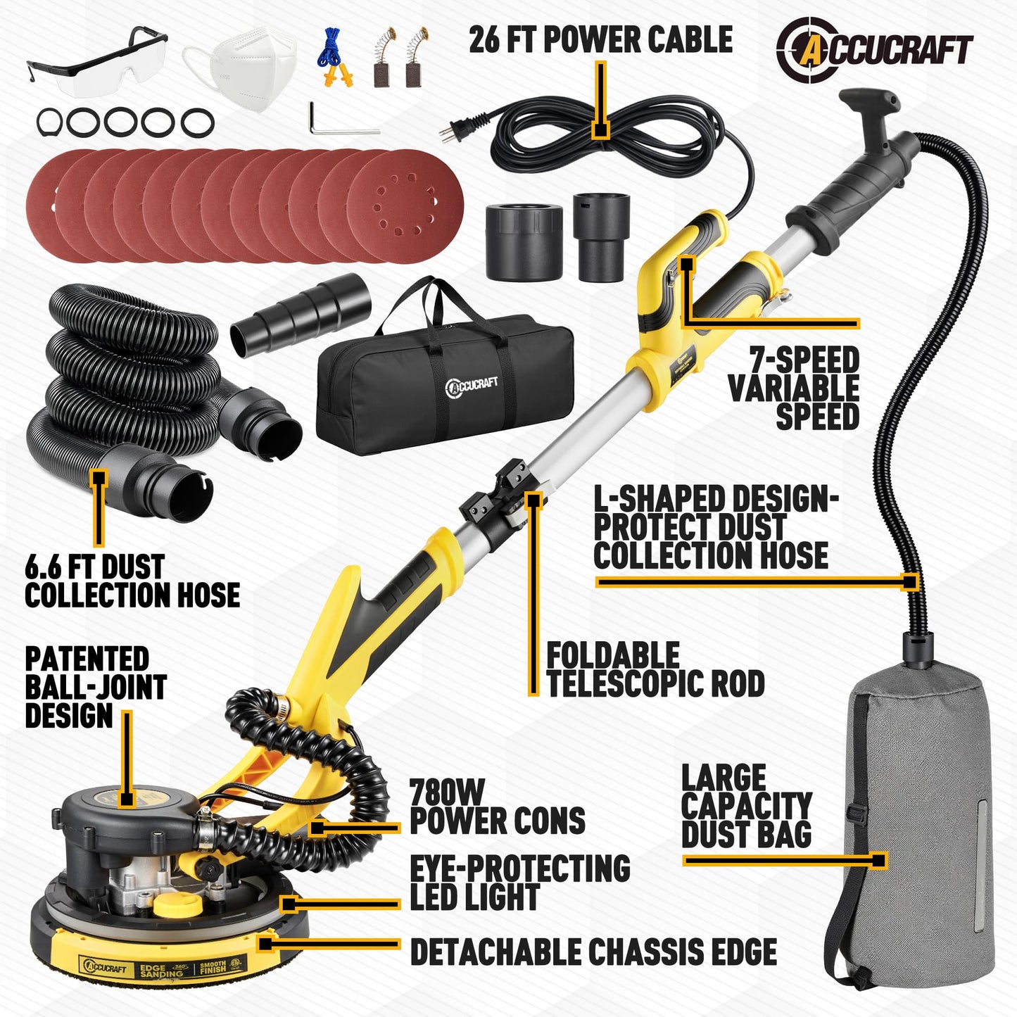 Drywall Sander, 800W Powerful Electric Drywall Sander with Vacuum, 99% Dust Absorption Dust-free Design, 7 Variable Speed 900-1800RPM, 26' Power Cord, LED Light, for Popcorn Ceiling etc