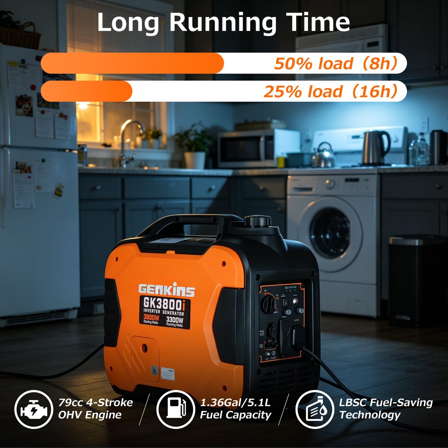GENKINS 3800W Portable Parallel Capable Inverter Generator,Gas Powered,CO Sensor & ESC Fuel-Saving,Ultra Quiet, RV Ready, Ideal for Camping & Outdoor Use, EPA Compliant