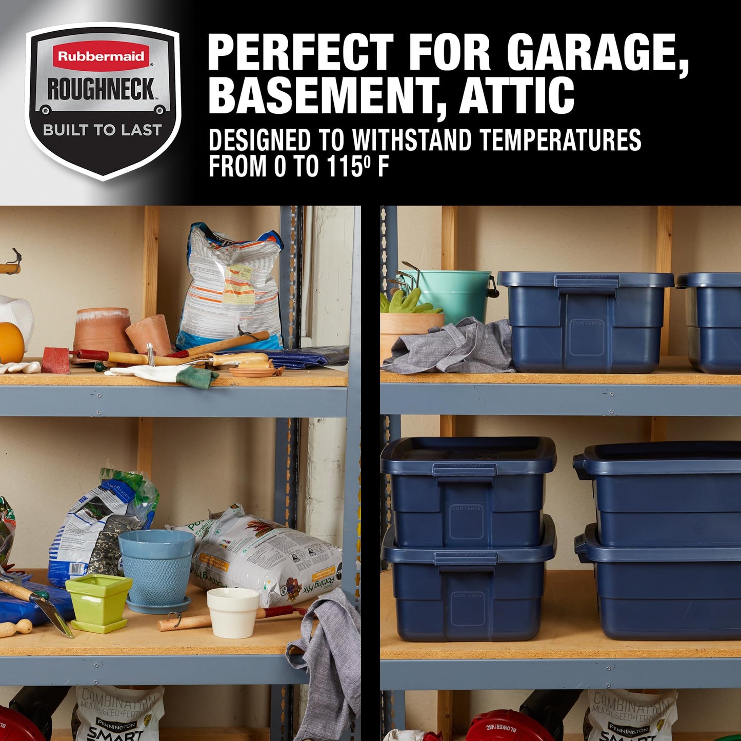 Rubbermaid Roughneck Tote 10 Gal, 8 Pack, Made in USA, Dark Indigo Metallic, Rugged Plastic Stackable Storage Bins with Lids and Handles