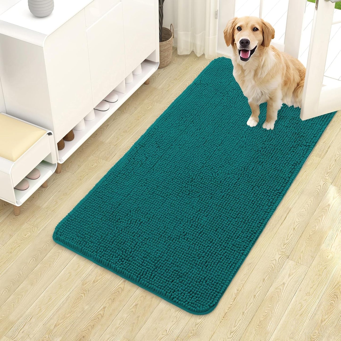 OLANLY Dog Door Mat - Absorbent Non-Slip Chenille Mat for Muddy Paws | 40x24 Inches, Lake Blue