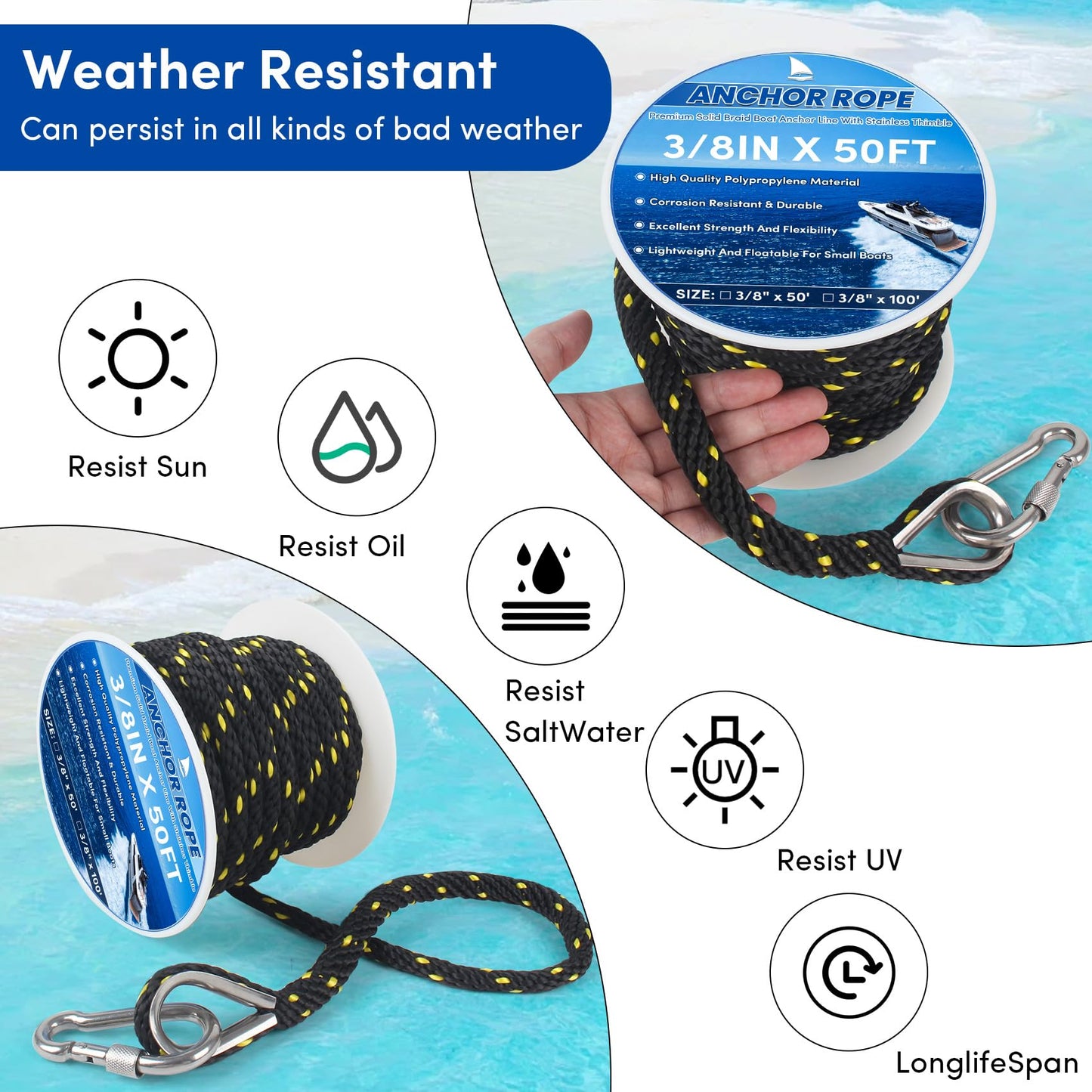 BALAVA Anchor Rope 50FT x 3/8in,Premium Solid MFP Braided Anchor Rope Anchor Line,Boat Anchor Rope with Stainless Steel Thimble & Snap Hook,Boat Rore Marine Rope for Anchors and Boats(Black/Yellow)