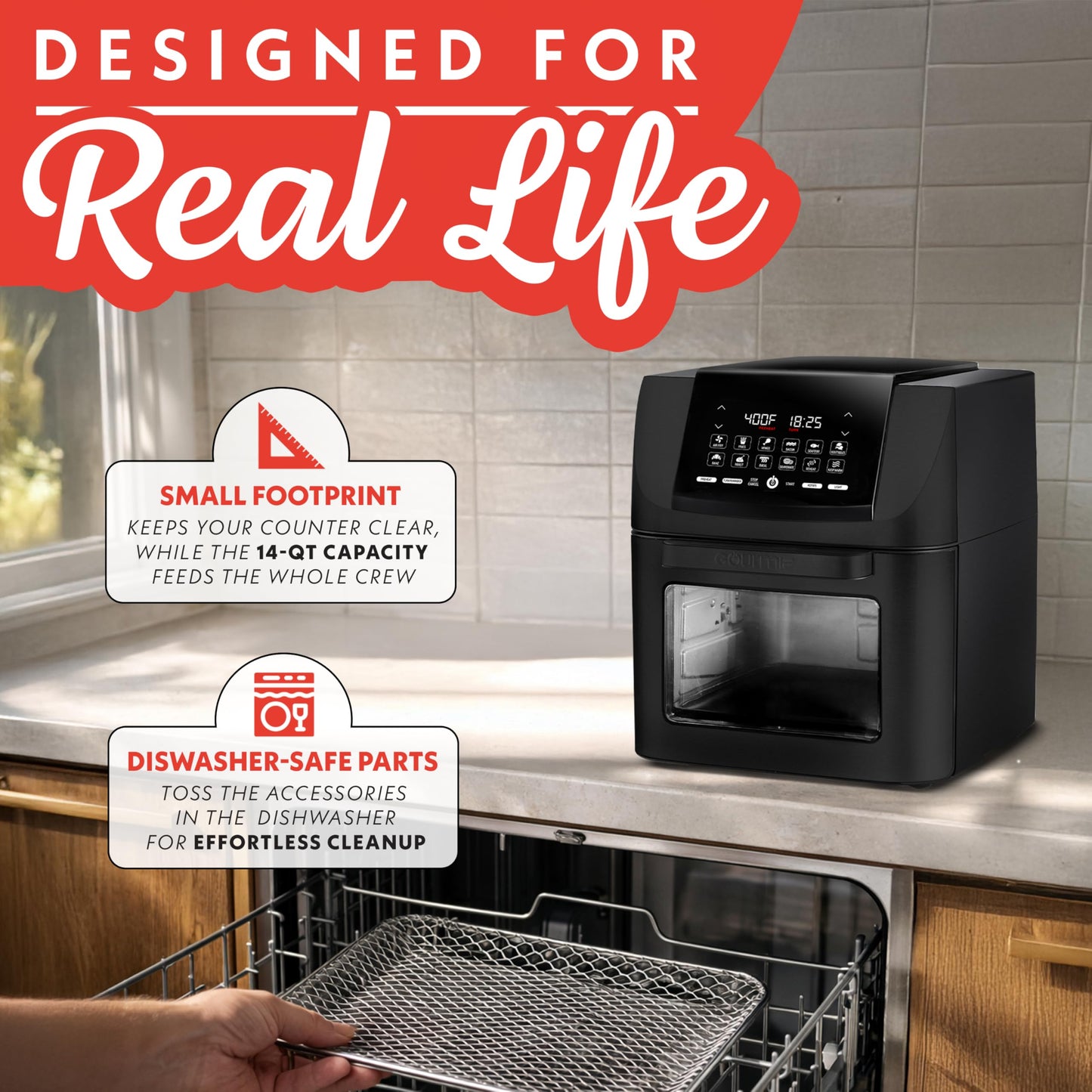 Gourmia Air Fryer - 14 Qt All-in-One Oven with Rotisserie, Digital Display with 12 Presets, Roast, Bake, Broil, Dehydrate, Dishwasher Safe Accessories, Black
