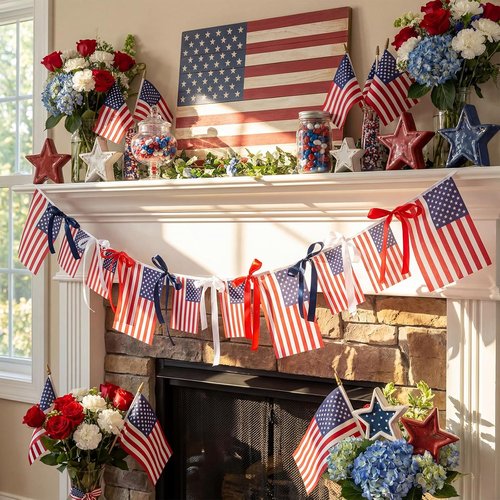 Chumia 4th of July American Flags Ribbon Banner - Patriotic Mantel Decoration | 6.56 ft for Indoor/Outdoor Use