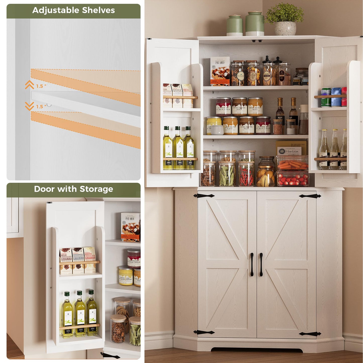 IRONCK Corner Cabinet, 72" Kitchen Pantry Cabinet, 6-Tier Freestanding Farmhouse Pantry with 2 Adjustable Shelves, 240°Swivel Doors, 2 Doors Storage, Spacious Hutch for Kitchen, Living Room, White