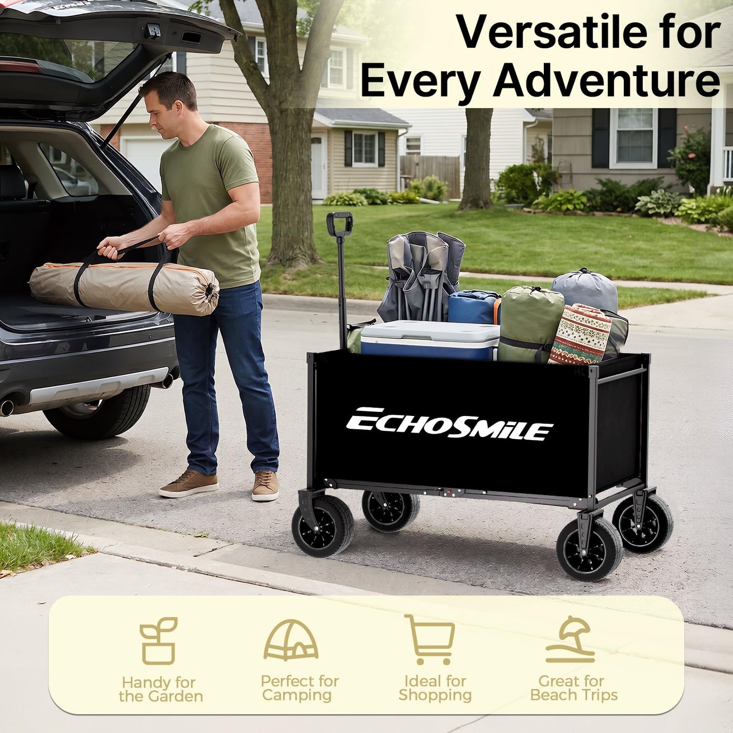 EchoSmile Collapsible Wagon Cart for Camping & Beach - Heavy Duty 400lbs Capacity All-Terrain Cart with Wide Wheels, Portable Folding Utility Wagon for Grocery, Garden, Sports,Black