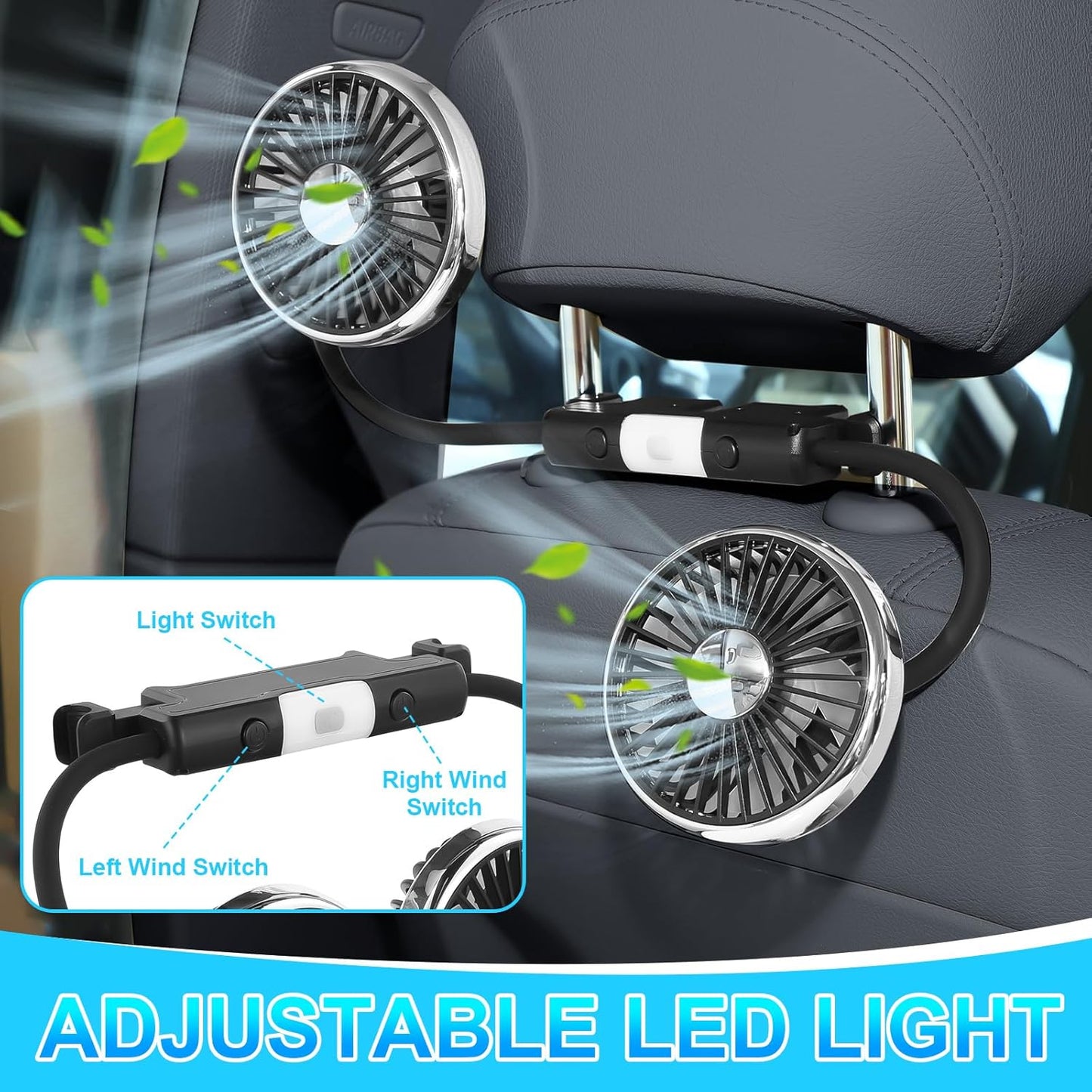 2 360 DaisyInner Pcs Car Fan for Backseat Dual Backseat Cooling Degree Rotatable Seat Fans with LED Light USB Car Rear