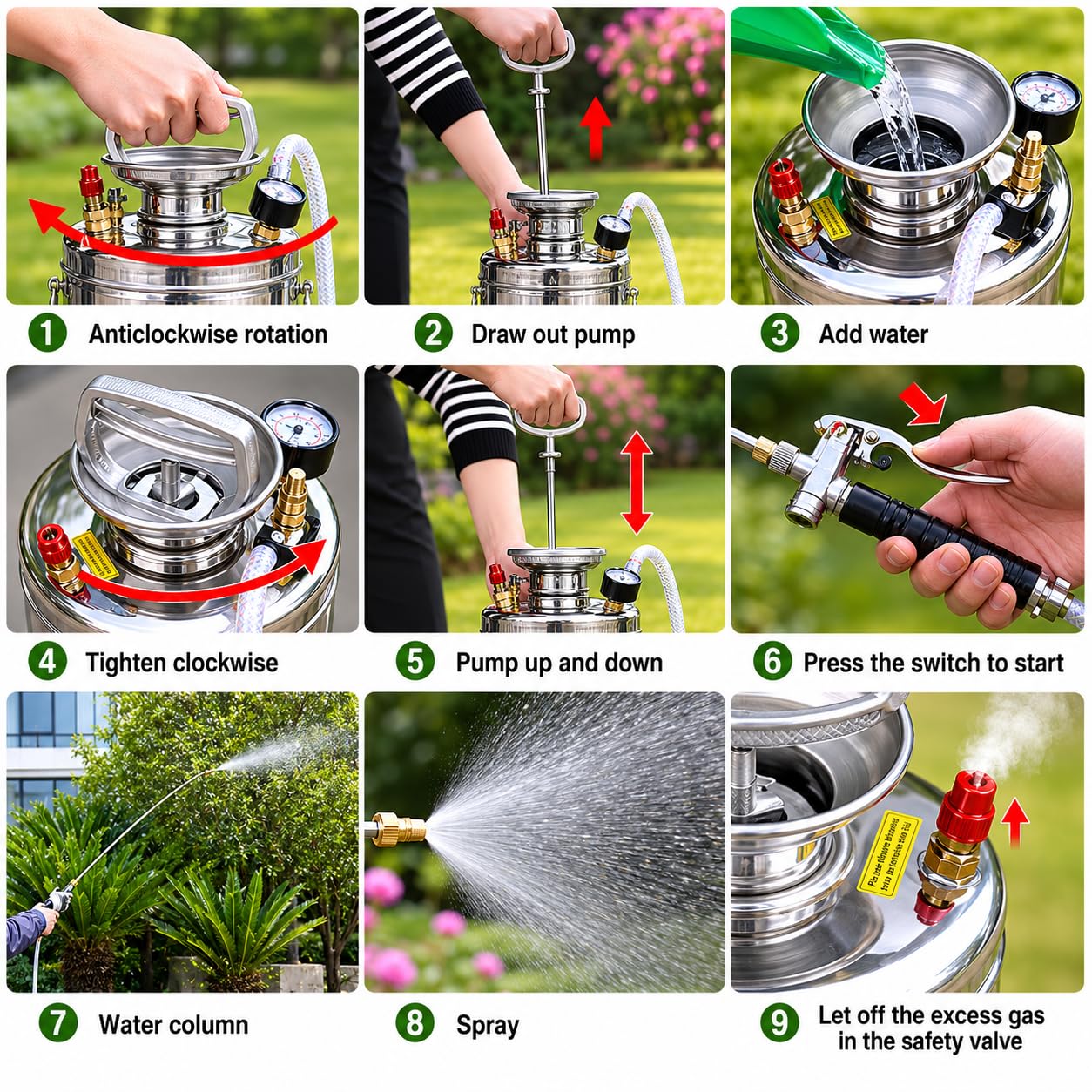 3.5 Gallon Stainless Steel Sprayer, Hand Metal Pump Up Sprayer Reinforced Hose with Pressure Gauge, Safety Valve & Adjustable Nozzle, Garden Weed Sprayers for Lawn, Gardening, Sanitizing