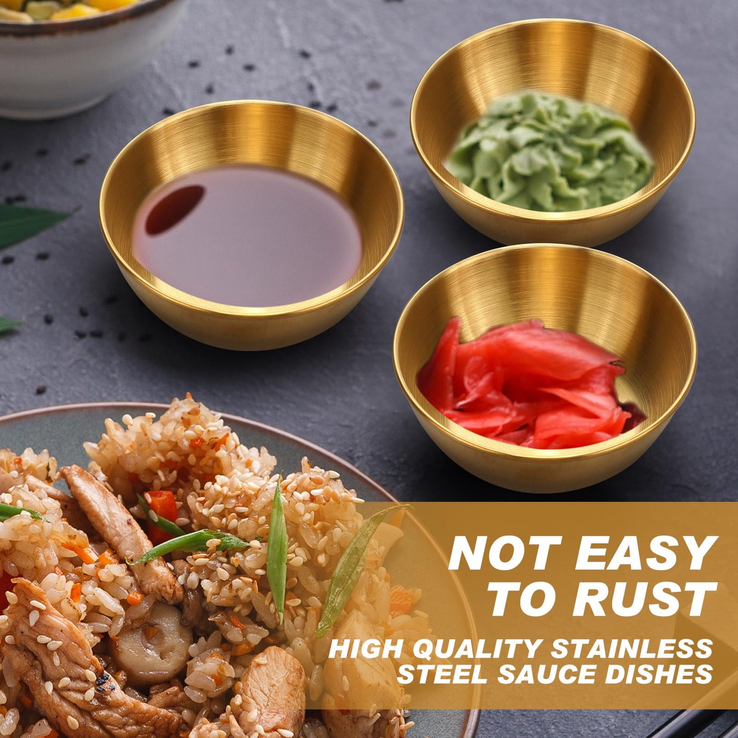 Tanlade 50 Pcs Metal Sauce Bowls 3.2 Inch Round Stainless Steel Seasoning Dishes Cups Mini Saucers Plates Small Sushi Dipping Bowls for Prep Ramekins Kitchen Party Supplies(Gold)