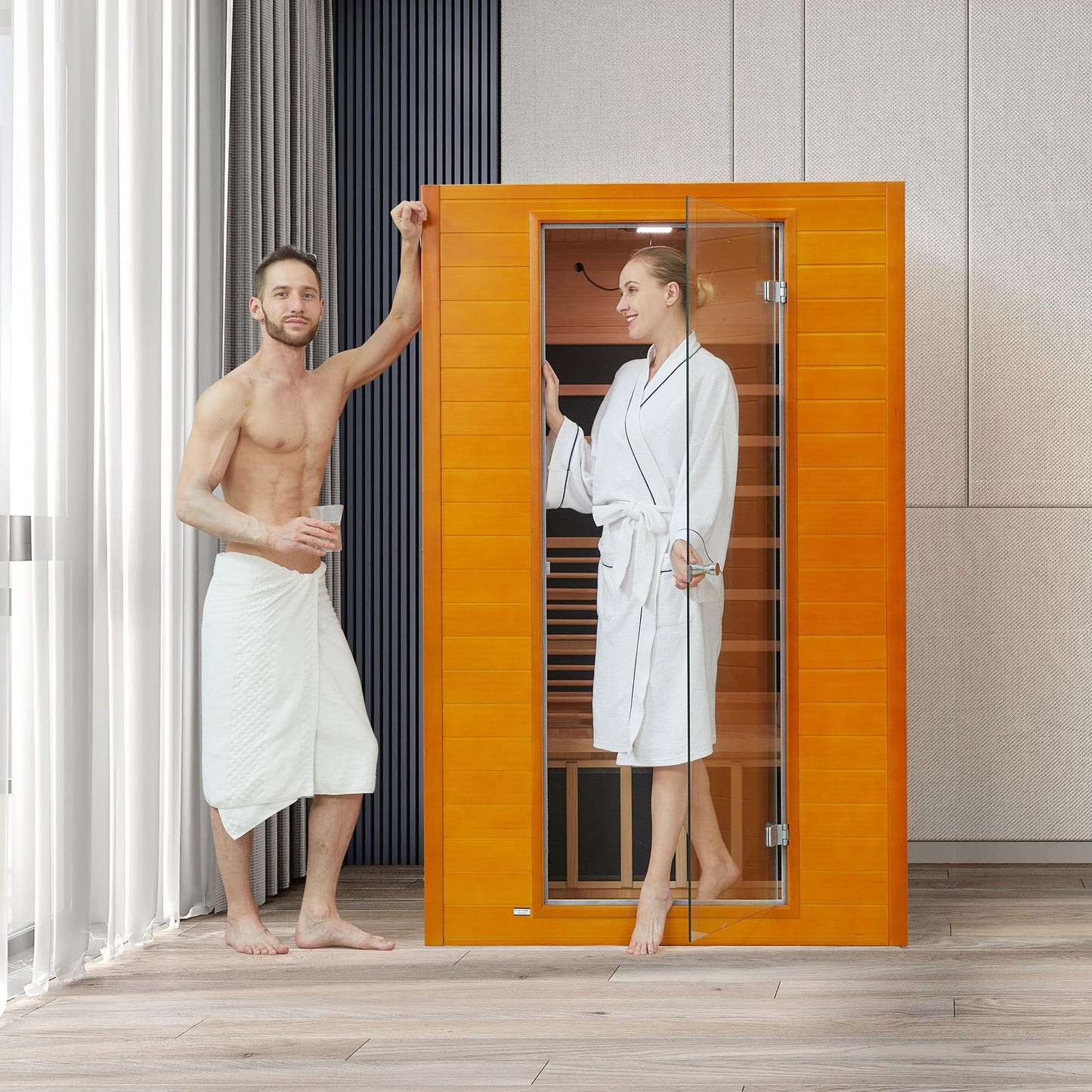 springspa Far Infrared Sauna for Home, Home Indoor Infrared Sauna for 2-Person, Canadian Hemlock Wood Sauna Room with Low Emf Red Light Therapy, 9 Chromotherapy Lights, Bluetooth Speakers