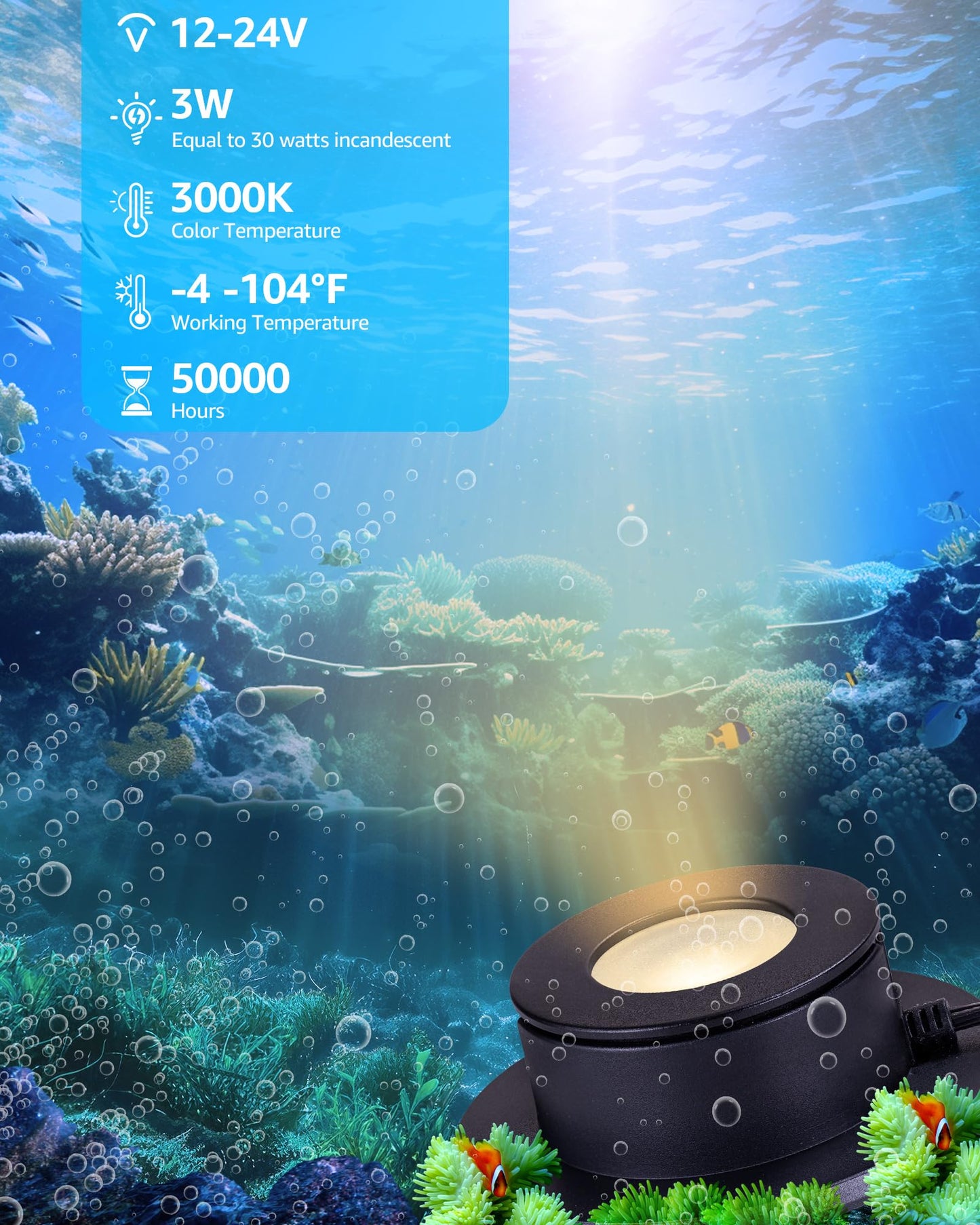 SUNVIE LED Underwater Pond Light 3W 3000K Warm White IP68 Black 1 Pack Model ULWS03W01