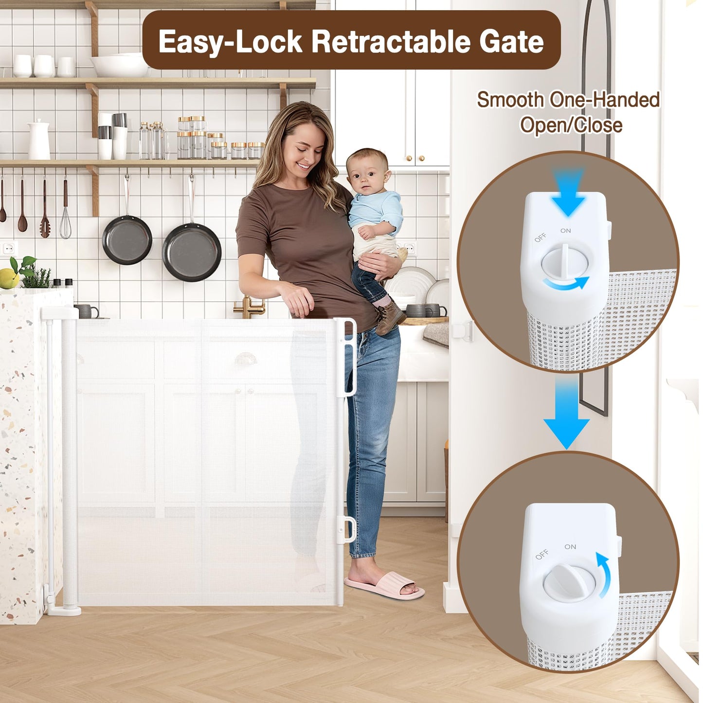 42'' Extra Tall Retractable Baby Gates with Reinforced Strip, Mesh Saftey Gate for Pets, 59'' Wide Retractable Gate, Anti-Escape Tall Dog Gates, No Drilling, Retractable Gate for Indoor/Outdoor