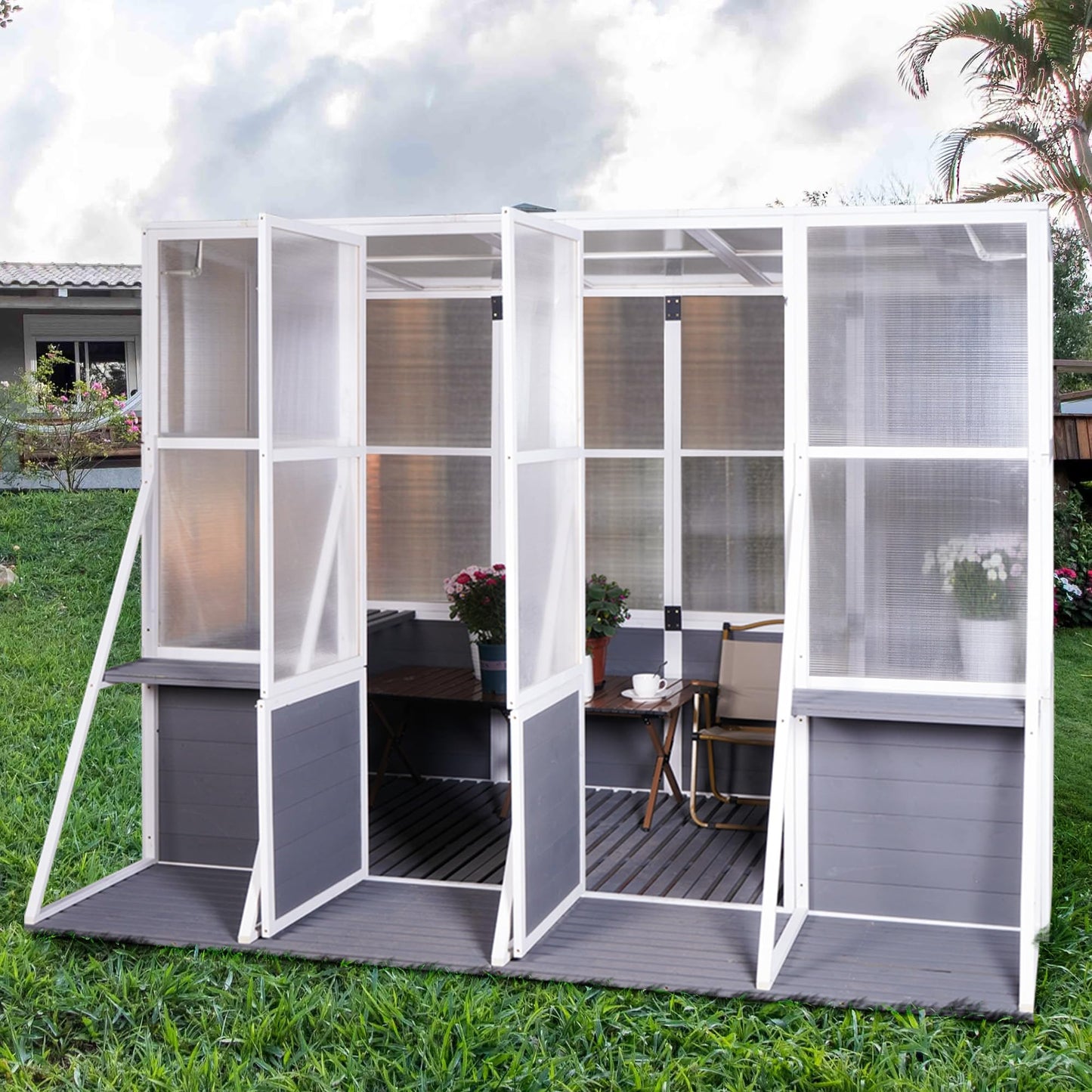 KEIKI Outdoor Polycarbonate Greenhouse Wooden Lean to Greenhouses, Heavy Duty Walk-in Green House w/ Triangular Support, Adjustable Roof & Shelves, Large Hot House for Sunroom Storage Shed, Garden