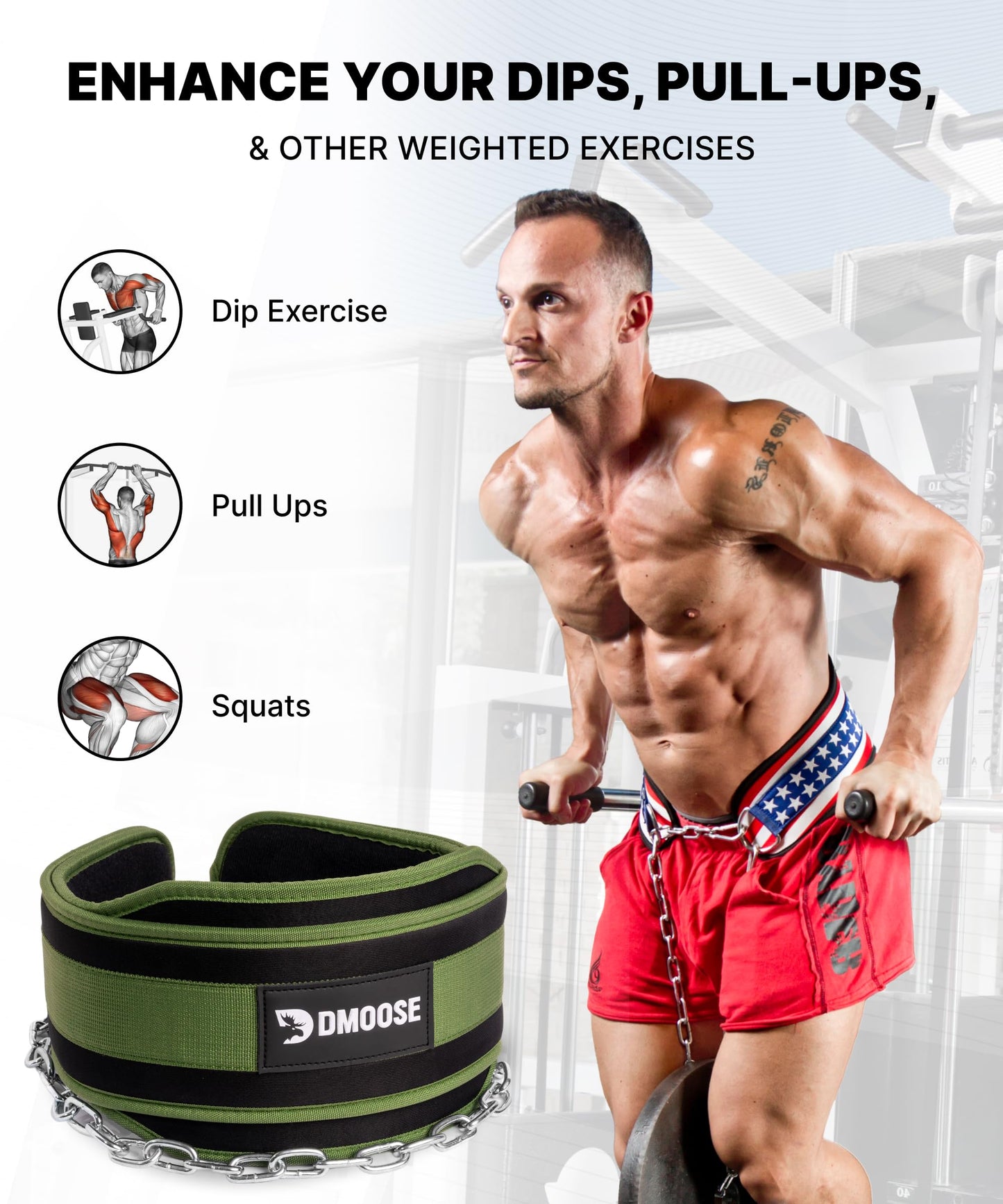 DMoose Fitness Dip Belt for Weight Lifting, Pullup, Squats & Dips - 36" Robust Steel Chain & Comfortable Neoprene Padding Supports 350lbs, Gym Weight Belt for Strength Training (Military Green)