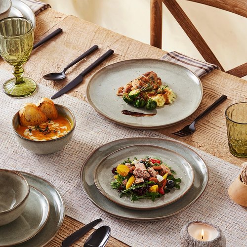 KINGSTONE 24-Piece Stoneware Dinnerware Set - Handcrafted Reactive Glaze Plates & Bowls for 8 | Scratch Resistant, Dishwasher & Microwave Safe, Grey