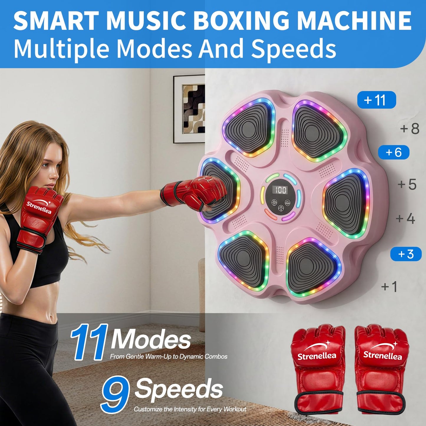 Music Boxing Machine for Adults & Kids, Interactive Music Punching Machine with 2 Gloves, Large Size Wall Mounted Electronic Boxing Target with 11 Modes & 9 Speeds for Home, Office and Gym (Pink)