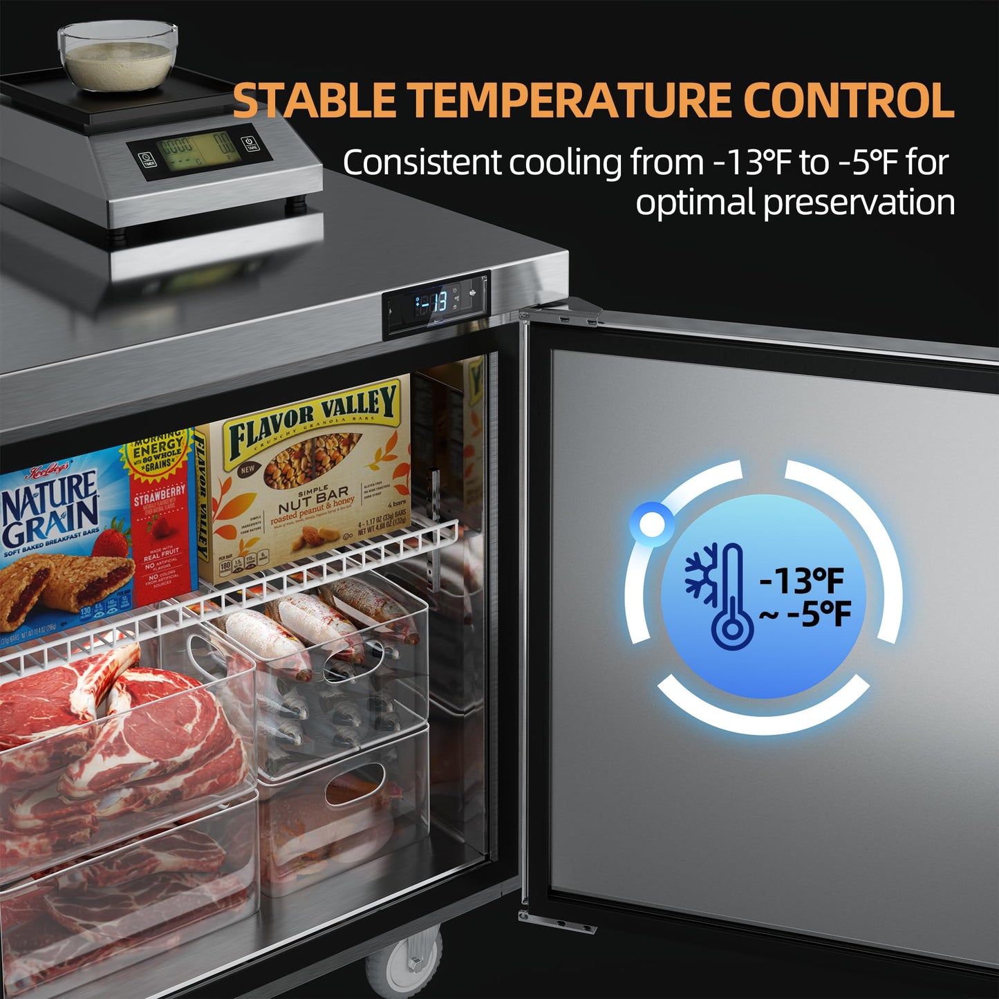 Coolski Commercial Freezer, 48”W Double Door Under Counter Freezer with 13.4 Cu.ft., -13℉to -5℉ Stainless Steel Fan Cooling Worktop Freezer for Restaurant, Bar, Kitchen, Food Truck