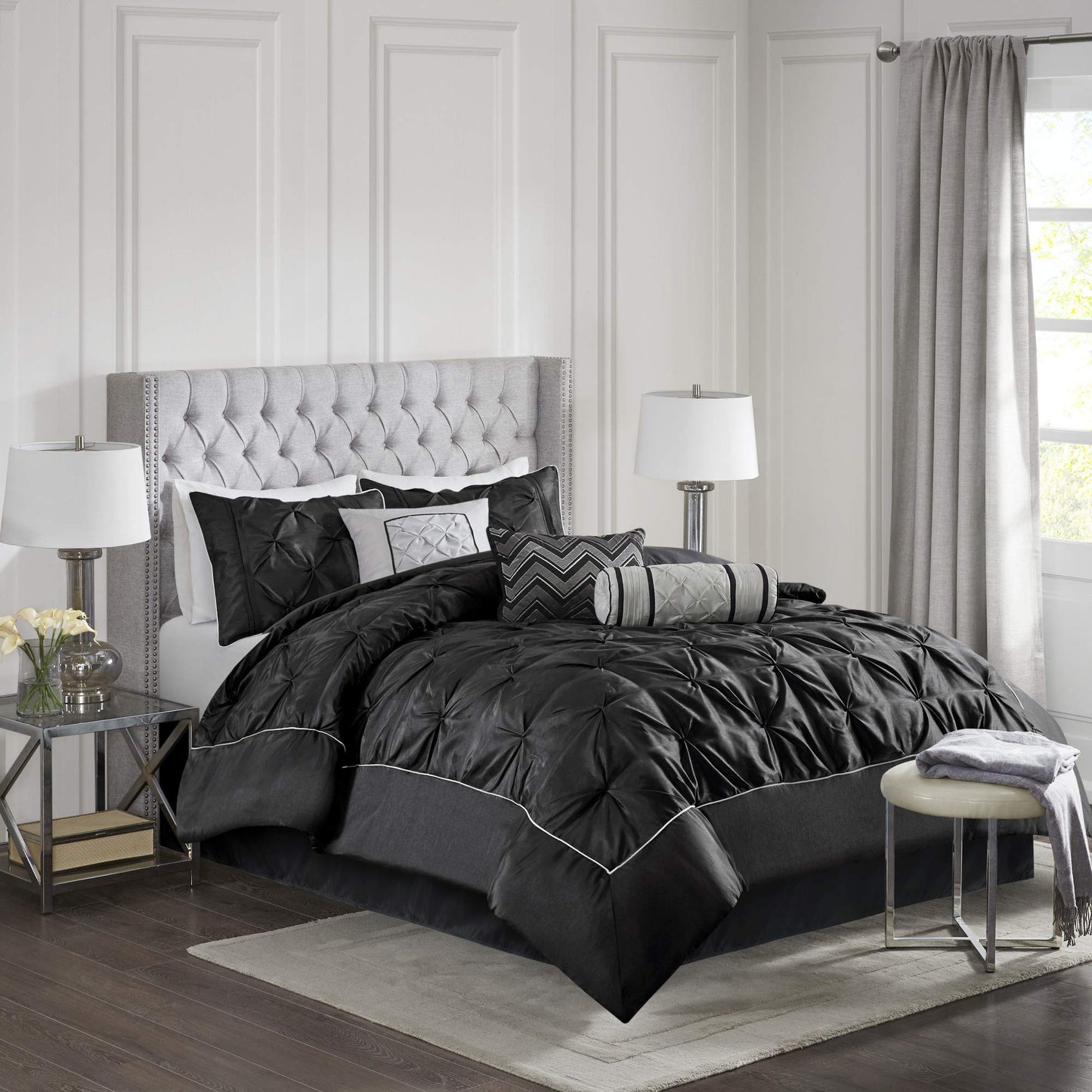 Madison Park Laurel Queen Size Bed Comforter Set Bed In A Bag - Black , Wrinkle Tufted Pleated – 7 Pieces Bedding Sets – Faux Silk Bedroom Comforters