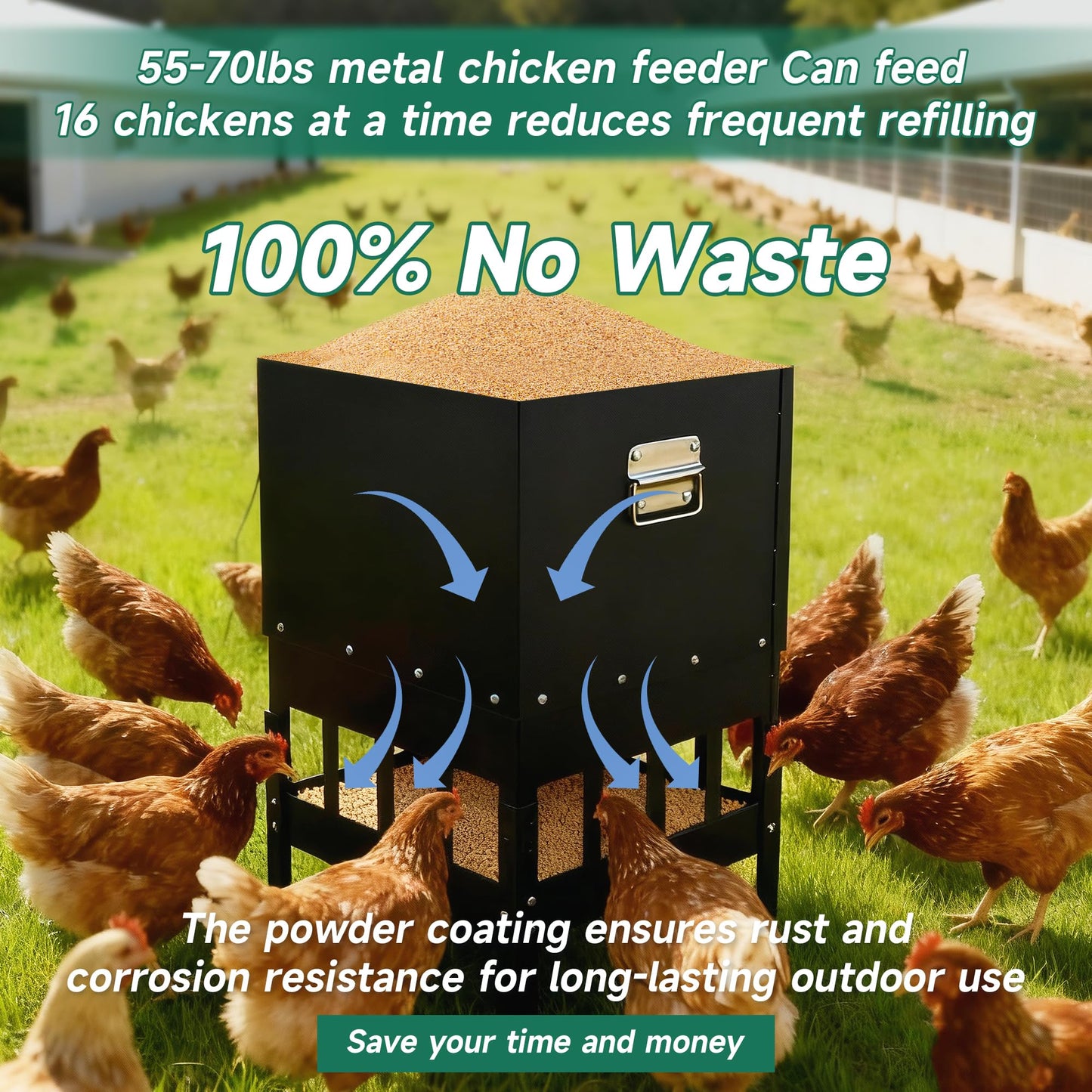 55-70LBS Large Chicken Feeder No Waste 16-Ports Automatic with Magnetic Baffle to Prevent Rodents and Mice Large Poultry Feeder Adjustable Height Suitable for All Poultry, Weatherproof